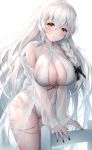  1girl alternate_costume azur_lane bangs bare_shoulders blush bow bracelet braid breasts cleavage criss-cross_halter hair_between_eyes hair_bow halterneck hermione_(azur_lane) hermione_(pure_white_holiday)_(azur_lane) highres jewelry large_breasts long_hair looking_at_viewer one-piece_swimsuit oyuwari sidelocks solo swimsuit thighs wet white_swimsuit 