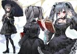  1girl absurdres black_dress book dress gothic_lolita grey_hair highres holding holding_book holding_umbrella idolmaster idolmaster_cinderella_girls idolmaster_cinderella_girls_starlight_stage kanzaki_ranko lolita_fashion moko_(moko/moko) multiple_views open_mouth over_shoulder red_eyes twintails umbrella 