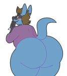  2018 ambiguous_gender anthro big_butt blue_body blue_fur blush bottomless brown_hair butt butt_focus canid canine clothed clothing colelucario digital_media_(artwork) eyewear fur glasses hair hi_res huge_butt lucario male_(lore) mammal nintendo open_mouth partially_clothed pok&eacute;mon pok&eacute;mon_(species) presenting presenting_hindquarters simple_background smile solo thick_thighs video_games white_background wide_hips 