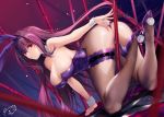  1girl all_fours animal_ears arm_behind_back ass bangs breasts bunny_ears bunny_tail bunnysuit cleavage commentary_request detached_collar fate/grand_order fate_(series) feet_up fishnet_legwear fishnets gae_bolg hair_between_eyes high_heels large_breasts leotard long_hair looking_at_viewer multiple_weapons obiwan on_floor piercing_bunny polearm purple_footwear purple_hair purple_leotard purple_neckwear red_eyes scathach_(fate)_(all) scathach_(fate/grand_order) sideways signature solo spear tail thigh_strap thighs very_long_hair weapon wrist_cuffs 