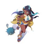  1girl aqua_hair belly_chain bike_shorts black_hair blue_eyeshadow commentary_request dark_skin dynamax_band earrings eyeshadow gen_2_pokemon gloves green_eyes gym_leader hair_bun hoop_earrings jewelry long_hair makeup mouth_hold multicolored_hair navel necklace nessa_(pokemon) number omaruru00 pokemon pokemon_(creature) pokemon_(game) pokemon_swsh qwilfish sandals toes two-tone_hair 