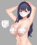  1girl armpits arms_up bare_arms bare_shoulders bikini black_hair breasts cleavage collarbone eyepatch_bikini grey_background large_breasts long_hair looking_at_viewer mask mouth_mask navel original popqn red_eyes simple_background solo stomach surgical_mask swimsuit upper_body white_bikini 