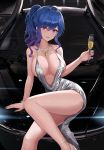  1girl absurdres azur_lane backless_dress backless_outfit bangs bare_shoulders blue_hair blue_nails bracelet breasts car car_interior champagne_flute cleavage cup dress drinking_glass earrings evening_gown grey_dress ground_vehicle hair_between_eyes hair_ornament hairclip halter_dress high_heels highres holding holding_cup jewelry large_breasts motor_vehicle nail_polish necklace pink_eyes plunging_neckline revealing_clothes side_ponytail sidelocks silver_dress silver_footwear st._louis_(azur_lane) st._louis_(luxurious_wheels)_(azur_lane) thighs tio_(005) 