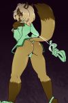  2:3 anthro areola blonde_hair blue_eyes breasts brown_body brown_fur camel_toe canid canine clothed clothing female fuf fur hair hi_res looking_at_viewer looking_back mammal nipples open_clothing open_shirt open_topwear raccoon_dog rear_view rope shirt solo topwear 