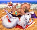  2020 anthro areola beach black_nose blindfold blue_eyes breasts canid canine day detailed_background digital_media_(artwork) female fox fur mammal nipples nude outside sand seaside shoreline sky smile sorafoxyteils water white_body white_fur 