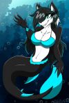  anthro black_body black_fur breasts canid canine canis claws clenched_teeth clothed clothing detailed_background fangs female fur green_eyes greendayfox hi_res hybrid mammal marine merfolk multicolored_body multicolored_fur open_mouth open_smile partially_clothed smile solo teeth two_tone_body two_tone_fur white_body white_fur wolf 
