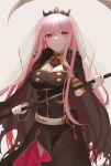  1girl belt breasts cape cleavage commentary_request dress gown highres hirakana hololive hololive_english large_breasts looking_at_viewer mori_calliope pink_hair red_eyes scythe simple_background solo tiara virtual_youtuber weapon 