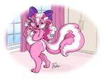  4:3 accessory anthro breasts female fur genitals hair hair_accessory hair_bow hair_ribbon lita_(tekandprieda) mammal mephitid nipples nude pink_body pink_hair princess pussy ribbons royalty skunk smile solo tekandprieda_(artist) 