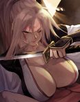  1girl baiken biting_hair breasts cleavage collarbone commentary_request eyelashes eyepatch facial_mark forehead guilty_gear highres jako_(toyprn) katana large_breasts lips long_hair pink_eyes pink_hair ponytail scar scar_across_eye solo sword traditional_media vambraces weapon 