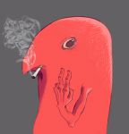  anthro avian cigarette gesture lathebiosas low_res male red_body simple_background smoking solo v_sign 