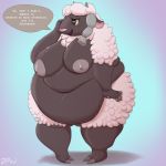  1:1 2019 absurd_res anthro areola belly big_belly big_breasts bovid breasts caprine embarrassed female front_view fur hi_res highlights_(coloring) horizontal_pupils huge_breasts mammal navel nintendo nipples nude obese obese_anthro obese_female overweight overweight_anthro overweight_female pink_body pok&eacute;mon pok&eacute;mon_(species) pupils sheep shy solo speech_bubble text thick_thighs video_games whooperscooper wide_hips wool_(fur) wooloo 