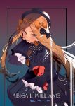  1girl abigail_williams_(fate/grand_order) bangs black_bow black_dress black_headwear blonde_hair blue_eyes blush bow breasts character_name dress fate/grand_order fate_(series) forehead hat long_hair long_sleeves looking_at_viewer multiple_bows open_mouth orange_bow parted_bangs polka_dot polka_dot_bow ribbed_dress sleeves_past_fingers sleeves_past_wrists small_breasts smile soukou_makura stuffed_animal stuffed_toy teddy_bear 