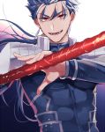  1boy armor bberry blue_background blue_bodysuit blue_hair bodysuit cu_chulainn_(fate)_(all) earrings fate/stay_night fate_(series) gae_bolg gradient gradient_background jewelry lancer long_hair looking_at_viewer male_focus open_mouth ponytail red_eyes shoulder_armor smile solo upper_body weapon white_background 