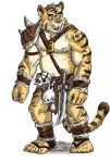  belly clothing felid fur hi_res humanoid_hands kemono kounfuyu loincloth male mammal nipples pantherine simple_background slightly_chubby tiger weapon white_background yellow_body yellow_fur 