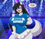  anthro big_breasts black_hair bottomwear breasts canid canine canis clothing domestic_dog female hair hand_behind_back inviting long_hair looking_at_viewer mammal mastergodai open_mouth shirt skirt smile smiling_at_viewer solo speech_bubble text topwear wwe 