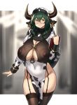  1girl animal_ears animal_print areolae bangs black_legwear blush book breasts cleavage covered_navel covered_nipples cow_ears cow_girl cow_horns cow_print garter_straps glasses green_hair highres holding holding_book horns houtengeki huge_breasts huge_nipples large_areolae original pelvic_curtain sidelocks sleeve_cuffs smile solo tag thighhighs thighs veil yellow_eyes 