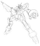  absurdres cosmikaizer english_commentary glowing glowing_eye gun gundam gundam_age gundam_age-1 highres holding holding_gun holding_weapon mecha monochrome no_humans open_hand sketch solo v-fin weapon white_background 