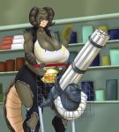  2020 anthro bethesda_softworks big_breasts blues64 bottomwear breasts cleavage clothed clothing deathclaw fallout female gatling_gun gun hi_res machine_gun marauder6272 midriff pants ranged_weapon shopping shopping_cart solo torn_clothing video_games weapon 
