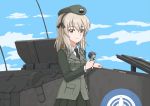  1girl breasts brown_eyes caterpillar_tracks centurion_(tank) cloud day emblem girls_und_panzer ground_vehicle hair_ribbon hat light_brown_hair light_smile looking_at_viewer military military_uniform military_vehicle motor_vehicle necktie omachi_(slabco) ribbon selection_university_(emblem) selection_university_military_uniform shimada_arisu shirt skirt sky small_breasts tank tank_turret uniform 