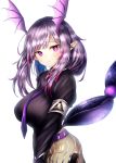  1girl animal_ears arknights blush breasts eyebrows_visible_through_hair head_wings highres long_hair long_sleeves looking_at_viewer manticore_(arknights) necktie nidaime_(doronbo) purple_eyes purple_hair rhodes_island_logo scorpion_tail simple_background solo tail 