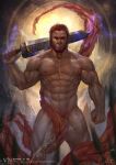  1boy abs bara bare_chest beard chest cloth facial_hair fate/grand_order fate/zero fate_(series) feet_out_of_frame floating floating_object highres iskandar_(fate) lightning looking_at_viewer male_focus male_pubic_hair manly muscle navel nipples nude over_shoulder pubic_hair red_eyes red_hair short_hair solo sword sword_over_shoulder thick_thighs thighs vian weapon weapon_over_shoulder 