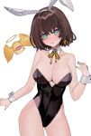 1girl animal_ears bare_shoulders bebe_pp braid breasts brown_hair bunny_ears bunnysuit charlotte_corday_(fate/grand_order) cleavage collarbone eyebrows fake_animal_ears fate/grand_order fate_(series) green_nails hairband highres large_breasts looking_at_viewer parted_lips ribbon short_hair single_braid solo white_hairband wrist_cuffs yellow_ribbon 