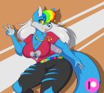  &lt;3 anthro canid canine canis clothing dancing female hair jewelry legwear mammal mastergodai multicolored_hair musical_note necklace one_eye_closed peace_signs rainbow_hair shirt solo topwear torn_clothing torn_legwear wink wolf 