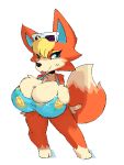  amphlow animal_crossing anthro audie_(animal_crossing) big_breasts blush breasts canid canine cleavage clothed clothing dipstick_tail female fox huge_breasts looking_at_viewer mammal multicolored_tail nintendo short_stack solo swimwear tight_clothing tongue tongue_out video_games 