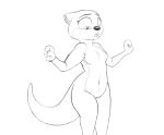  2020 anthro breasts disney featureless_breasts female genitals hi_res lutrine mammal monochrome mrs._otterton mustelid navel open_mouth portrait pussy simple_background solo spoof_(artist) three-quarter_portrait white_background zootopia 
