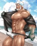  1boy abs aegir_(tokyo_houkago_summoners) bara bare_chest beard blue_eyes briefs briefs_pull bulge chest cloud cloudy_sky cowboy_shot dark_skin dark_skinned_male erection erection_under_clothes error facial_hair fins jewelry looking_at_viewer male_focus male_swimwear manly muscle navel nipples open_clothes open_shirt short_hair single_earring sky smile solo sunfight0201 swim_briefs swimwear thick_thighs thighs tokyo_houkago_summoners underwear underwear_pull undressing white_hair 