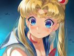  1girl bangs bishoujo_senshi_sailor_moon biting blonde_hair blue_eyes blue_sailor_collar blush breasts choker circlet cleavage collarbone commentary crescent crescent_earrings earrings face hair_over_shoulder heart heart_choker jewelry lip_biting long_hair looking_at_viewer parted_bangs red_choker sailor_collar sailor_moon sailor_moon_redraw_challenge sailor_senshi_uniform solo teeth torieto tsukino_usagi twintails upper_body 