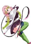  1girl ass belt braid cape closed_mouth dutch_angle from_side gradient_hair green_eyes green_hair green_legwear highres holding holding_weapon jacket kanroji_mitsuri kimetsu_no_yaiba long_hair looking_at_viewer looking_to_the_side mole mole_under_eye multicolored_hair pink_hair purple_jacket purple_skirt sandals scabbard sheath simple_background skirt solo standing standing_on_one_leg thighhighs twin_braids unsheathed weapon whip_sword white_background white_belt white_cape yopparai_oni 