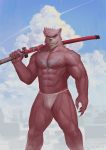  1boy abs animal_ears bakemono_no_ko bara bare_chest bear_boy bear_ears beard brown_fur brown_hair bulge chest chest_hair cloud cloudy_sky facial_hair feet_out_of_frame fundoshi furry highres japanese_clothes kumatetsu loincloth male_focus manly muscle navel nipples over_shoulder red_eyes short_hair sky solo sword sword_over_shoulder thick_eyebrows thick_thighs thighs underwear underwear_only vian weapon weapon_over_shoulder 