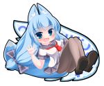  1girl :d animal_ear_fluff animal_ears bangs blue_eyes blue_hair blush bow breasts brown_footwear eyebrows_visible_through_hair fox_ears fox_girl fox_tail full_body grey_bow grey_legwear grey_sailor_collar grey_skirt hair_bow hand_on_own_leg hand_up kanijiru knees_up loafers long_hair looking_at_viewer low-tied_long_hair open_mouth original pantyhose plaid plaid_bow pleated_skirt red_neckwear sailor_collar school_uniform serafuku shirt shoes short_sleeves skirt small_breasts smile solo tail twitter_username white_background white_shirt 