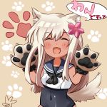  1girl animal_ears artist_logo black_neckwear black_sailor_collar black_swimsuit blonde_hair brown_background closed_eyes commentary_request covered_navel cowboy_shot crop_top dog_ears dog_tail facing_viewer gloves kantai_collection long_hair neckerchief paw_gloves paw_print paws ro-500_(kantai_collection) sailor_collar sanninme_no_haru school_swimsuit smile solo swimsuit swimsuit_under_clothes tail tan 