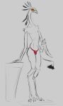  accipitriform anthro avian beak bird bottle bulge clothing girly hi_res looking_at_viewer male secretary_bird slim solo tall underwear yamagah 