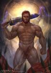  1boy abs bara bare_chest beard chest cloth completely_nude cum erection facial_hair fate/grand_order fate/zero fate_(series) feet_out_of_frame floating floating_object highres iskandar_(fate) lightning looking_at_viewer male_focus male_pubic_hair manly muscle navel nipples nude over_shoulder penis pubic_hair red_eyes red_hair short_hair solo sword sword_over_shoulder testicles thick_thighs thighs uncensored vian weapon weapon_over_shoulder 