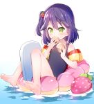  1girl bangs bare_legs bare_shoulders barefoot black_swimsuit blush eating eyebrows_visible_through_hair food food_themed_hair_ornament full_body genderswap genderswap_(mtf) green_eyes hair_between_eyes hair_ornament highres holding holding_food inflatable_armbands inflatable_toy innertube kenmochi_touya kickboard knees_up meito_(maze) nijisanji one-piece_swimsuit one_side_up purple_hair school_swimsuit soles solo strawberry_hair_ornament swimsuit virtual_youtuber water white_background 