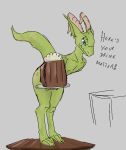  alcohol ambiguous_gender anthro beer beer_mug beverage blue_eyes dialogue gold_(metal) gold_jewelry green_body horn jewelry kobold scalie solo text yamagah 