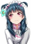  1girl :3 alternate_hairstyle bangs blue_flower blue_hair blunt_bangs blush bow closed_mouth flower grey_jacket hair_bow hair_flower hair_ornament jacket long_hair looking_to_the_side love_live! love_live!_sunshine!! maid_headdress pink_bow red_eyes simple_background smile solo tsushima_yoshiko two_side_up upper_body white_background yopparai_oni 