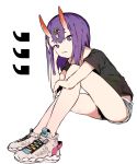  1girl bangs black_shirt bob_cut breasts contemporary ddari eyeliner fate/grand_order fate_(series) grey_shorts headpiece highres horns legs looking_at_viewer makeup oni oni_horns purple_eyes purple_hair shirt shoes short_hair short_shorts short_sleeves shorts shuten_douji_(fate/grand_order) simple_background sitting skin-covered_horns small_breasts smile sneakers white_background 
