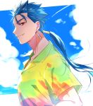  1boy bberry blue_hair closed_mouth cloud cu_chulainn_(fate)_(all) earrings fate/stay_night fate_(series) from_side hair_strand hawaiian_shirt jewelry lancer long_hair looking_at_viewer male_focus multicolored_shirt ponytail profile red_eyes shirt sky smile solo upper_body 