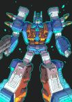  1boy absurdres autobot black_background clenched_hand floating green_eyes gun highres holding holding_gun holding_weapon konachang looking_at_viewer mecha no_humans solo transformers ultra_magnus weapon 