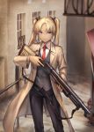  1girl blonde_hair blue_eyes dark_skin grey_vest gun gunslinger_girl highres long_hair looking_at_viewer necktie pants railing red_neckwear shinachiku_(uno0101) shotgun sling smile solo_focus trench_coat triela trigger_discipline twintails vest weapon winchester_model_1897 