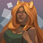  1:1 animal_humanoid blonde_hair brown_body brown_eyes brown_skin canid canid_humanoid canine canine_humanoid clothing detailed_background female fox fox_humanoid green_clothing hair humanoid inner_ear_fluff lips lipstick makeup mammal mammal_humanoid pupils sleeveless_shirt slit_pupils solo spooklies terraria tuft video_games were werecanid werecanine werefox zoologist_(terraria) 