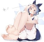  1girl absurdres arm_around_leg bare_legs barefoot bloomers blue_bow blue_dress blue_eyes blue_hair blush bow cirno collarbone collared_shirt dress feet food gominami hair_bow highres hot ice ice_wings knees_up popsicle shirt short_hair short_sleeves simple_background sitting soles solo sweatdrop thighs toes touhou underwear white_background white_shirt wings 