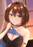  1girl absurdres ahoge armlet azur_lane baltimore_(azur_lane) baltimore_(evening_breeze_minuet)_(azur_lane) bare_shoulders black_dress braid breasts brown_eyes brown_hair choker cleavage commentary_request curtains dress highres large_breasts ryou_(ryo_217cafe) short_hair solo sunset window 