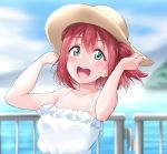  1girl :d blue_sky blurry blurry_background blush depth_of_field dress green_eyes hands_on_headwear hands_up hat highres kurosawa_ruby looking_at_viewer love_live! love_live!_sunshine!! open_mouth railing red_hair round_teeth short_hair sky smile solo straw_hat sundress teeth twintails upper_body upper_teeth white_dress yopparai_oni 