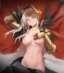  1girl armor black_feathers breasts commentary edelgard_von_hresvelg feathers fire_emblem fire_emblem:_three_houses fire_emblem_heroes gauntlets hair_down highres kisetsu light_blush looking_at_viewer lying navel nipples on_back purple_eyes shoulder_armor silver_hair solo stomach tiara 