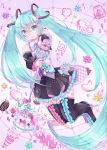  1girl blue_hair boots clenched_teeth floating_hair hamkuti hatsune_miku highres holding holding_microphone_stand long_hair looking_at_viewer microphone_stand skindentation solo teeth thigh_boots thighhighs twintails vocaloid 